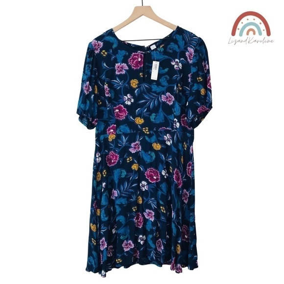 New! Old Navy Bohemian Smocked Blue Floral Fit & Flare Dress - Picture 1 of 11